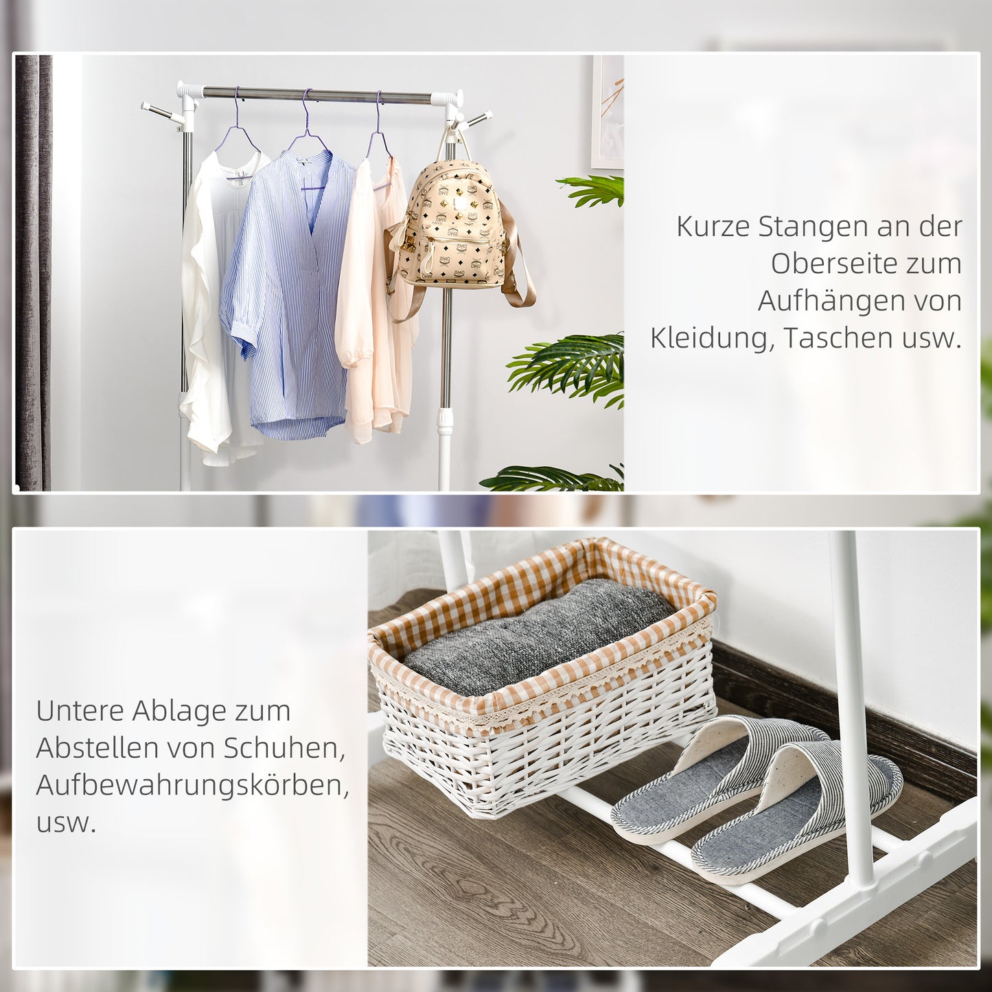 HOMCOM Rollbarer Garderobenständer, höhenverstellbar, mit unterer Ablage, 4 Räder, Weiß