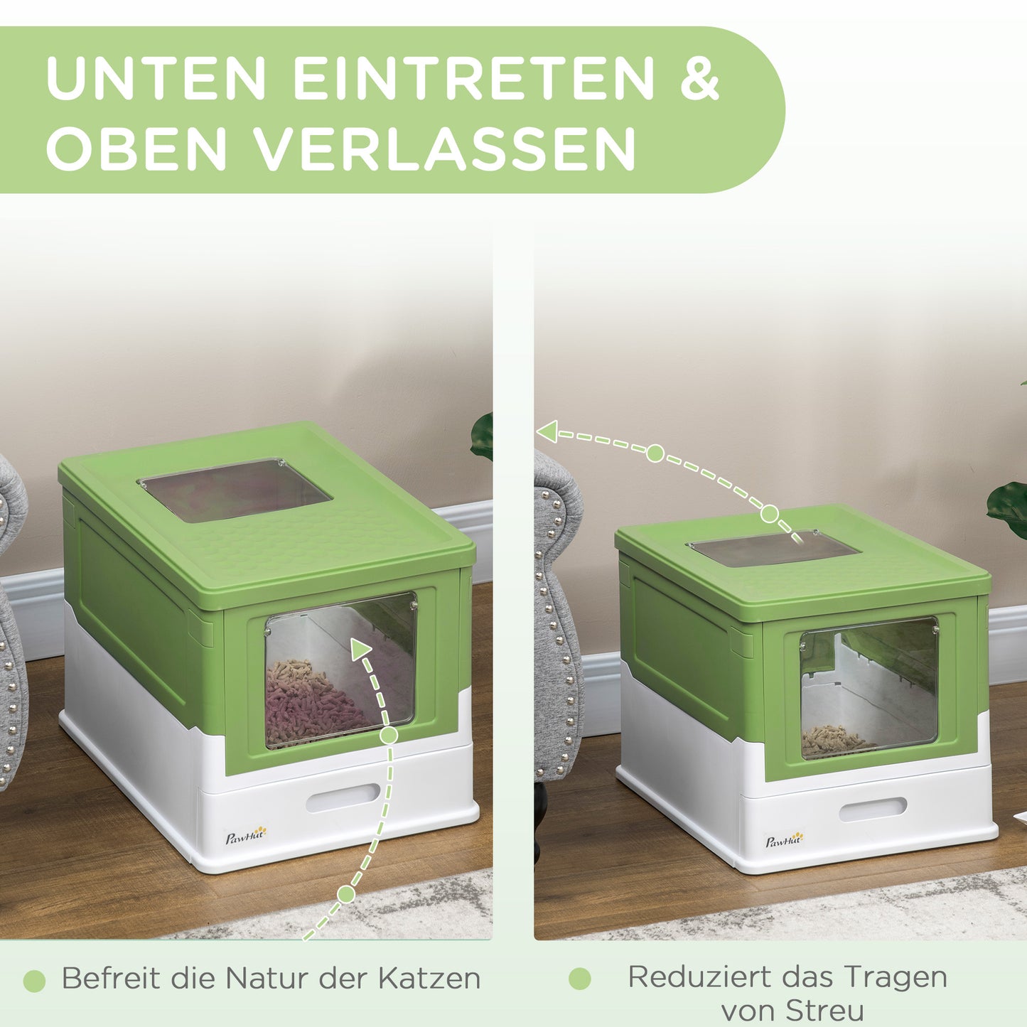 PawHut Katzentoilette, klappbar, 2 Türen, Streuschaufel, 47,5x35,5x36,7cm, Weiß/Grün