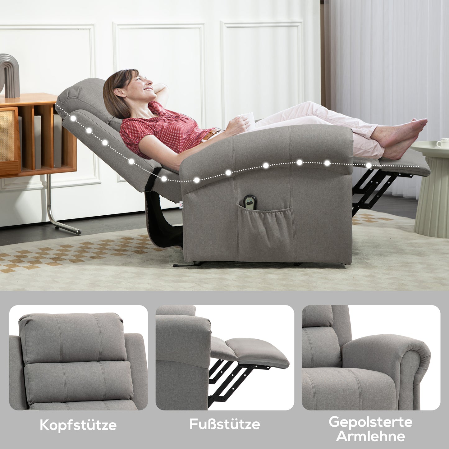 HOMCOM Relaxsessel mit Aufstehhilfe, 8 Massagepunkte, beheizbare Rückenlehne, Leinenoptik, Grau