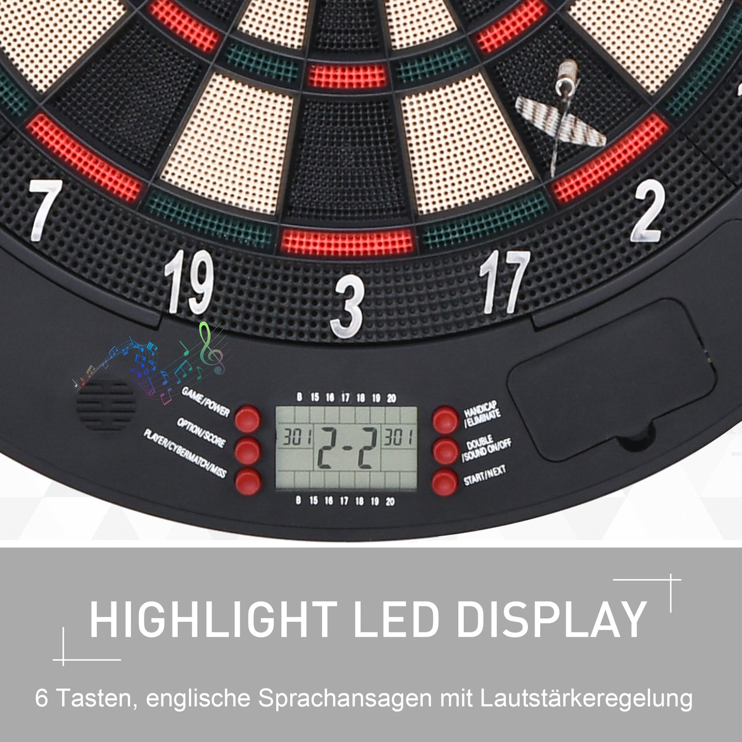 HOMCOM Elektronische Dartscheibe Dartboard mit Sprachansagen Englische Stimme LED-Anzeigen 6 Darts 26 Spiele 185 Varianten Dartautomat mit Tür Dartscheibe Set für bis zu 8 Spieler