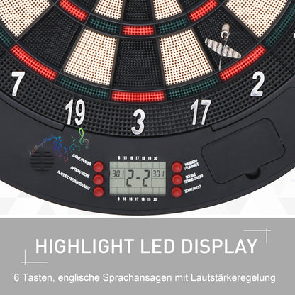 HOMCOM Elektronische Dartscheibe Dartboard mit Sprachansagen Englische Stimme LED-Anzeigen 6 Darts 26 Spiele 185 Varianten Dartautomat mit Tür Dartscheibe Set für bis zu 8 Spieler