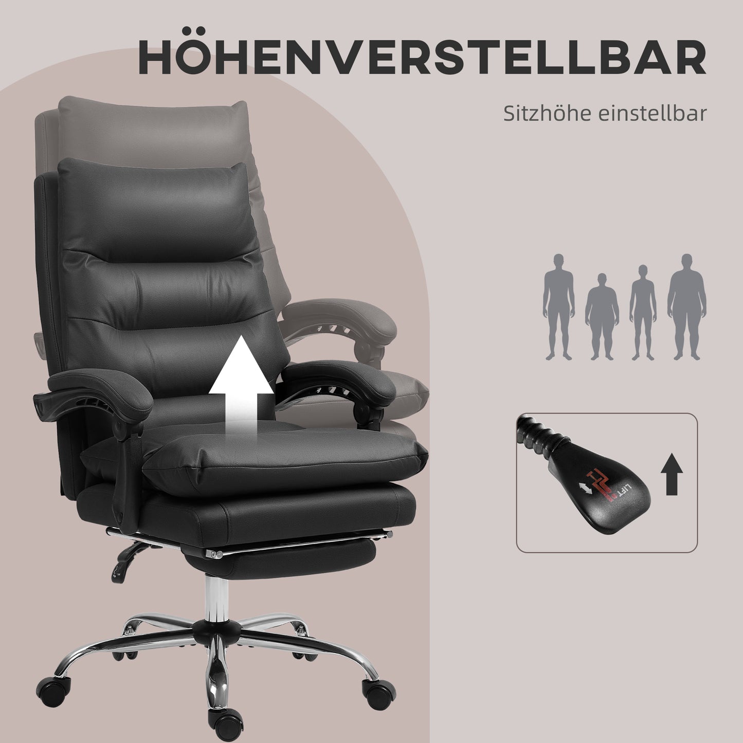 Vinsetto Bürostuhl mit Massagefunktion, beheizbar, neigbar, Kunstleder, 65x72x109-117cm, Schwarz