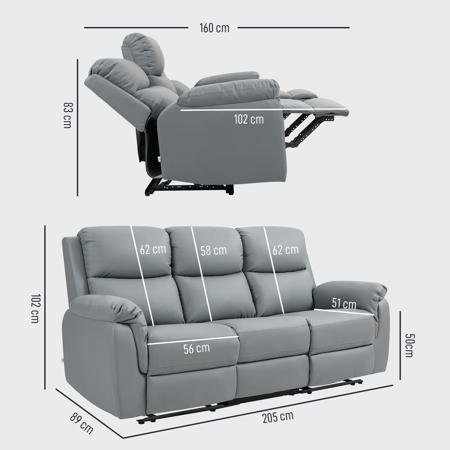 HOMCOM 3-Sitzer-Sofa, linker und rechter Sitz zurücklehnbar, anpassbare Fußstütze, Kunstlederbezug, für Wohnzimmer, Dunkelgrau