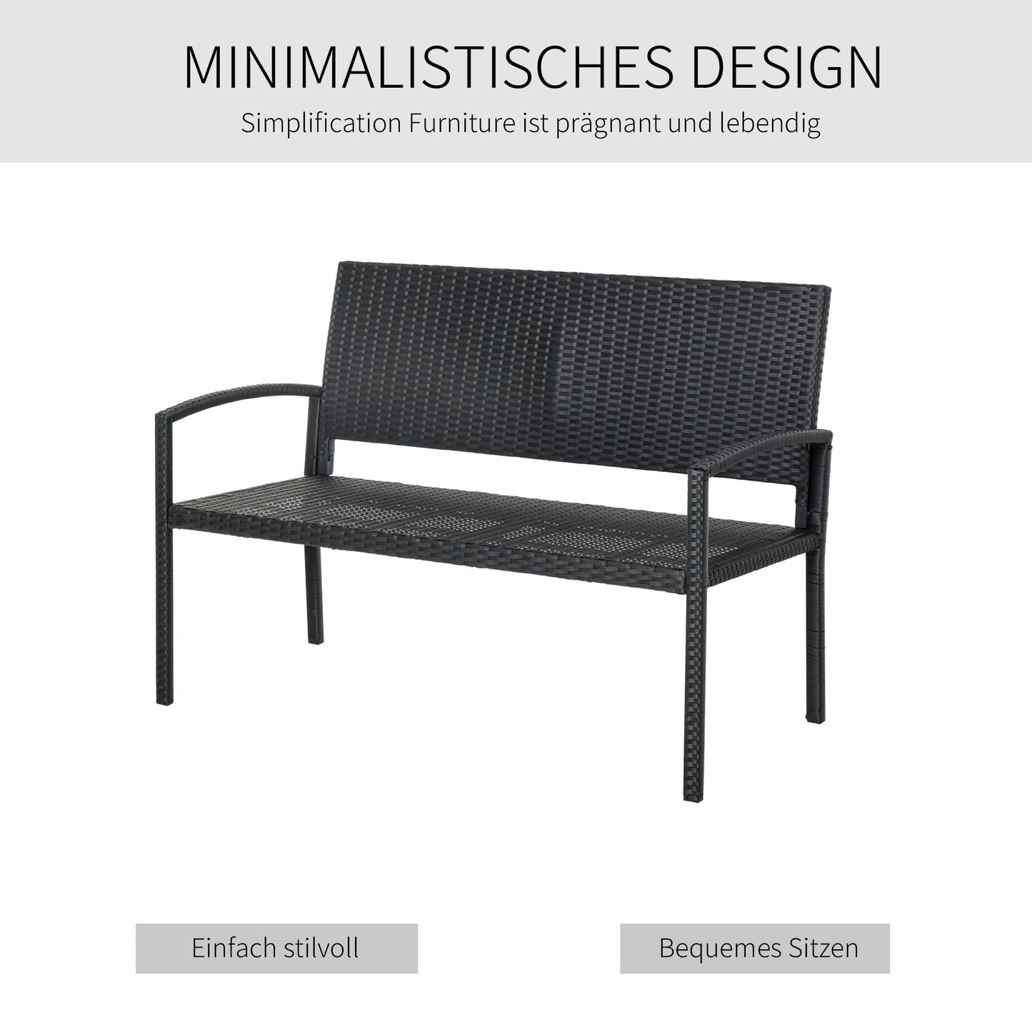 Outsunny Gartenbank, in Rattanoptik, mit Stahlrahmen, für 2 Personen, Schwarz, 122 x 60 x 85cm