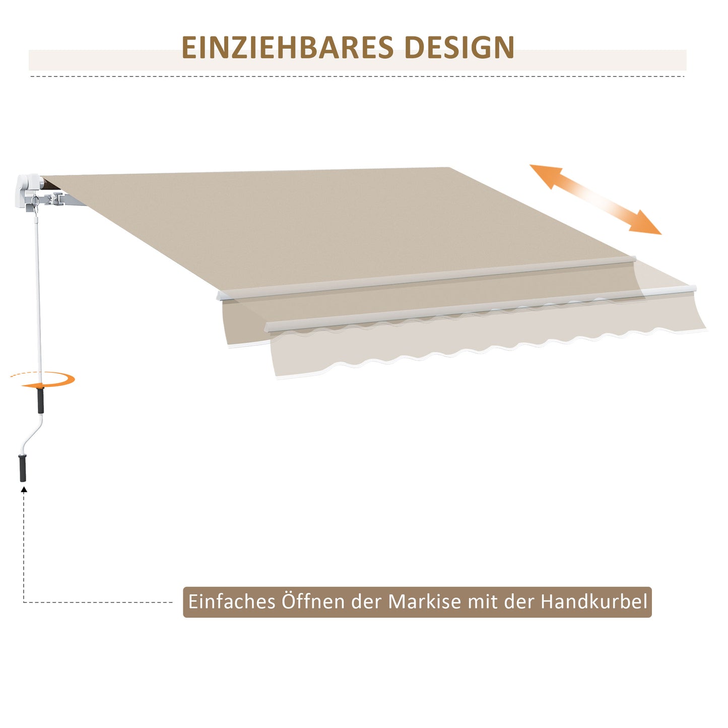 Outsunny Markise, Sonnenschutz, einfahrbar, mit Handkurbel, Metallrahmen, Polyester, Weiß+Beige, 3,95 x 2,45 m