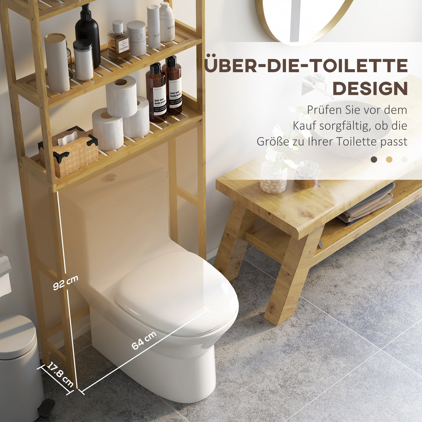 kleankin Badezimmerregal Badregal Toilettenregal, 3 Regale, wasserbeständig, 68 cm x 20 cm x 165 cm, Natur