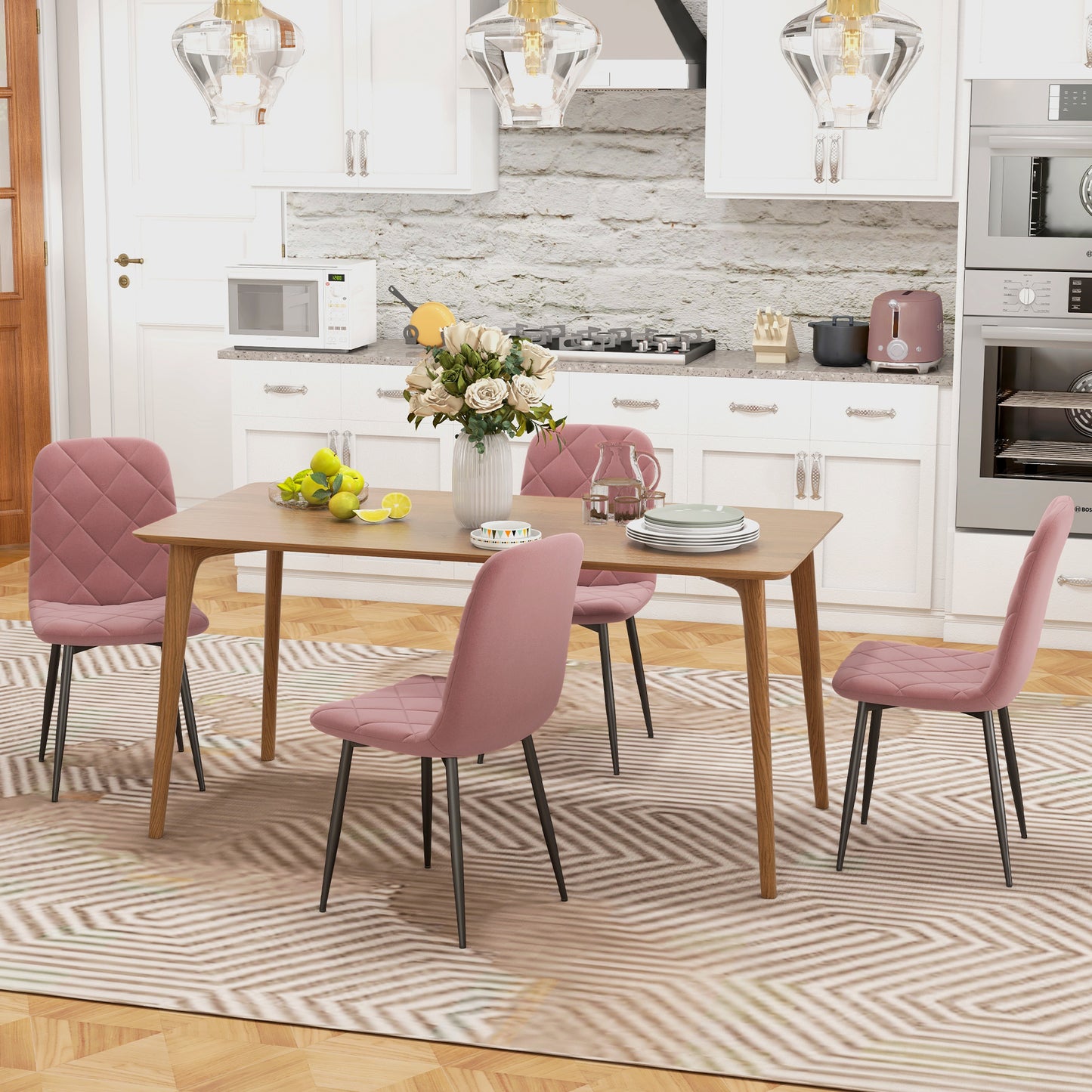 HOMCOM Esszimmerstühle 4er Set Küchenstuhl mit Rückenlehne, Samtoptik, Sessel 45 x 54 x 87 cm Rosa