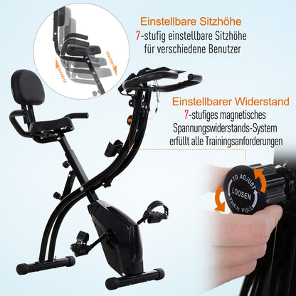 HOMCOM Heimtrainer X-Bike 2-in-1 Fahrradtrainer mit LCD-Display,Pulsmesser, klappbarer Hometrainer Trimmrad mit 8 stufig Magnetwiderstand, 1 Paar Spannseil, Stahl Schwarz 105x48x118 cm