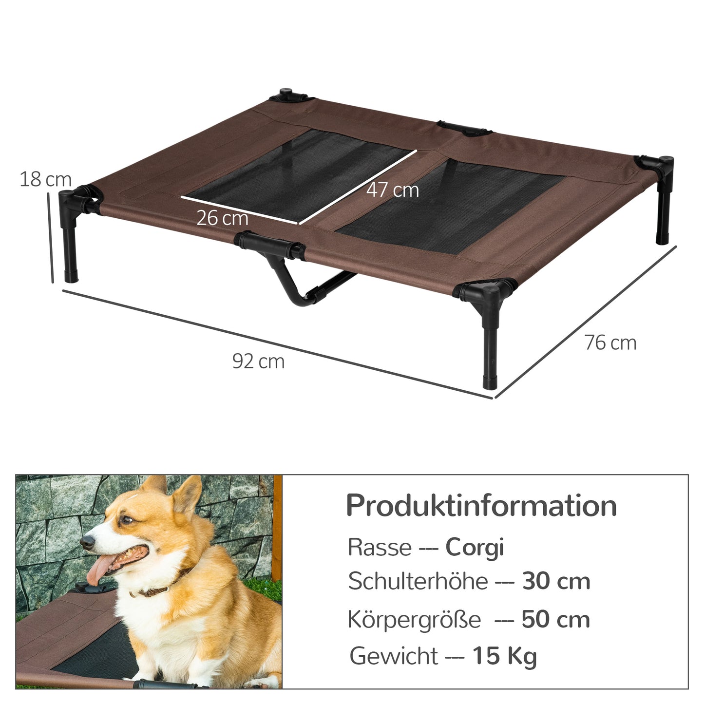 PawHut Hundeliege Outdoor, Kühlendes Haustierliege für Groß Hunde, Erhöhtes Hundebett Schlafplatz mit robuster Metallrahmen, Atmungsaktivem Mesh für Garten Outdoor, 92 x 76 x 18 cm, Kaffee-Braun