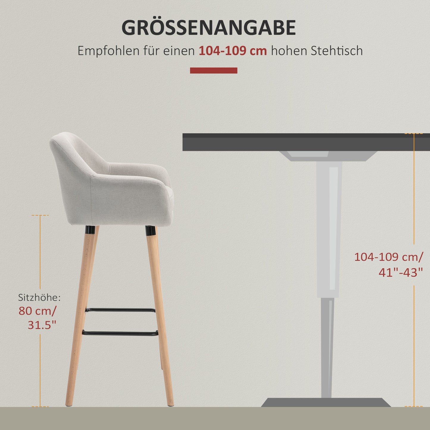 HOMCOM 2er-Set Barhocker, inkl. Fußstütze, Massivholz, 55 cm x 48c m x 100 cm, Beige