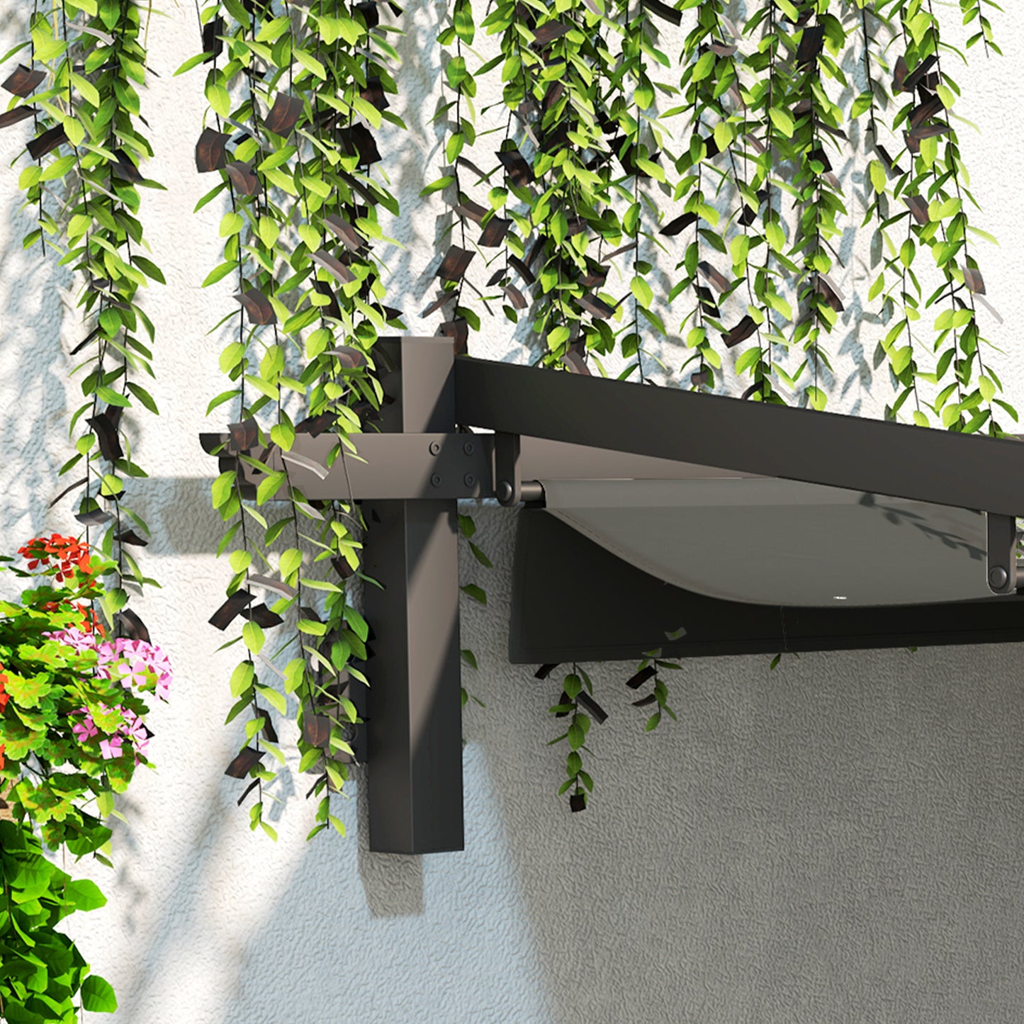 Outsunny Pavillon, 3 x 3 m Pergola, Winddichtes Terrassendach, Wandmontage, Verstellbares Dach, für Garten, Terrasse, Dunkelgrau