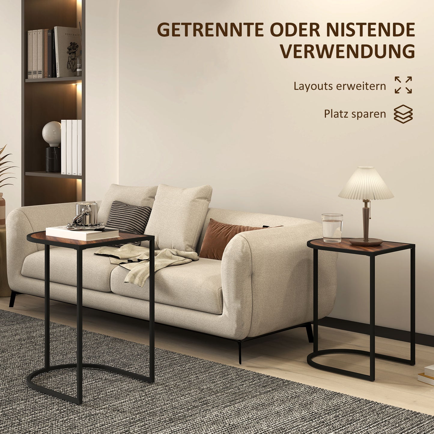 HOMCOM Satztisch-Set، Beistelltische، Metallrahmen، Tischplatte in Holzoptik، براون