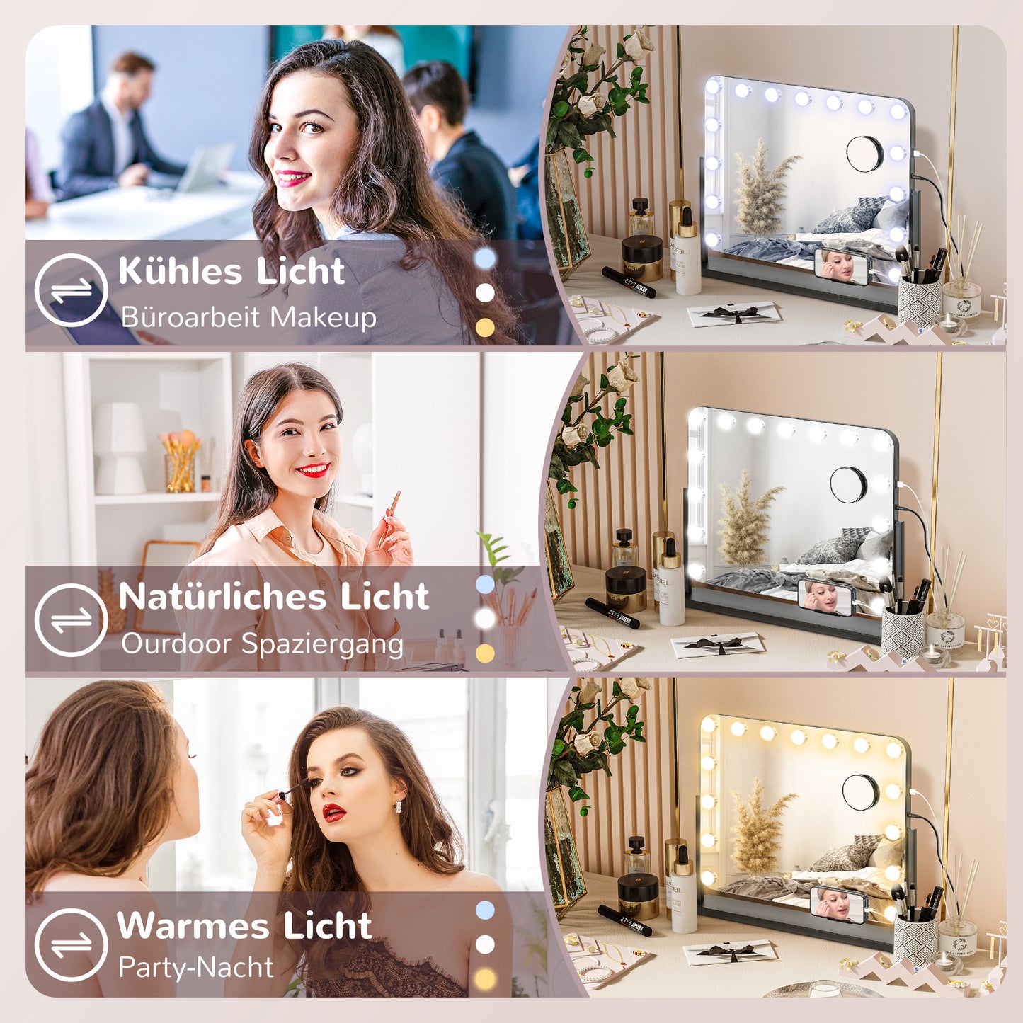 HOMCOM LED Kosmetikspiegel، 3 Lichtmodi، dimmbar، Touchsteuerung، USB، 62,5x49,5 سم، أسود