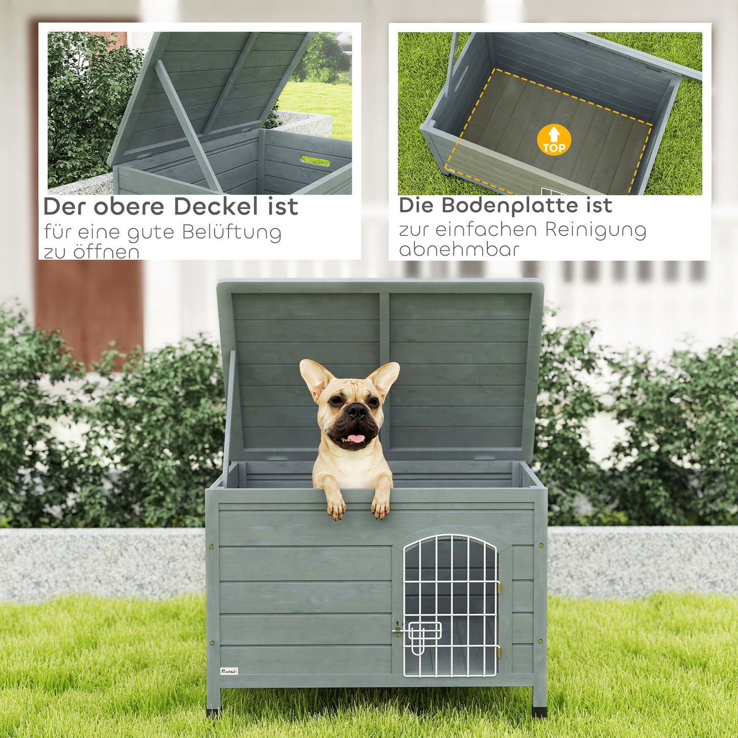 PawHut Hundehütte, Hundehaus mit Tür, Hundebox, Haustierhütte, Tannenholz, Dunkelgrau
