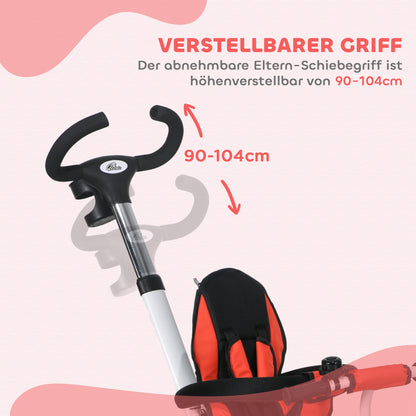 HOMCOM 6-in-1 Kinderdreirad mit Schiebestange, Dach, Gurt, Ablagekorb, 18+ Monate, Rot