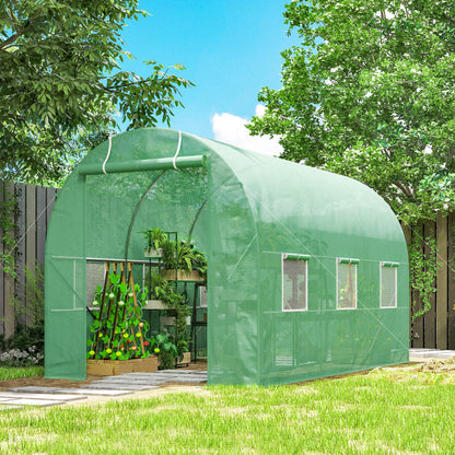 Outsunny Gewächshaus 350x200x200cm Foliengewächshaus Tomatenhaus mit Tür, 6 Fenster, Folientunnel aus verzinktem Stahl, PE, stabiles Treibhaus Pflanztunnel, inkl. Erdanker & Seilen, Grün
