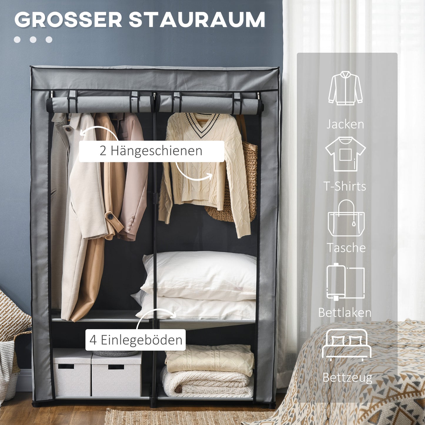 HOMCOM Schrank aus Stoff, Aufbewahrungslösung, 4 Regale, 2 Kleiderstangen, Grau