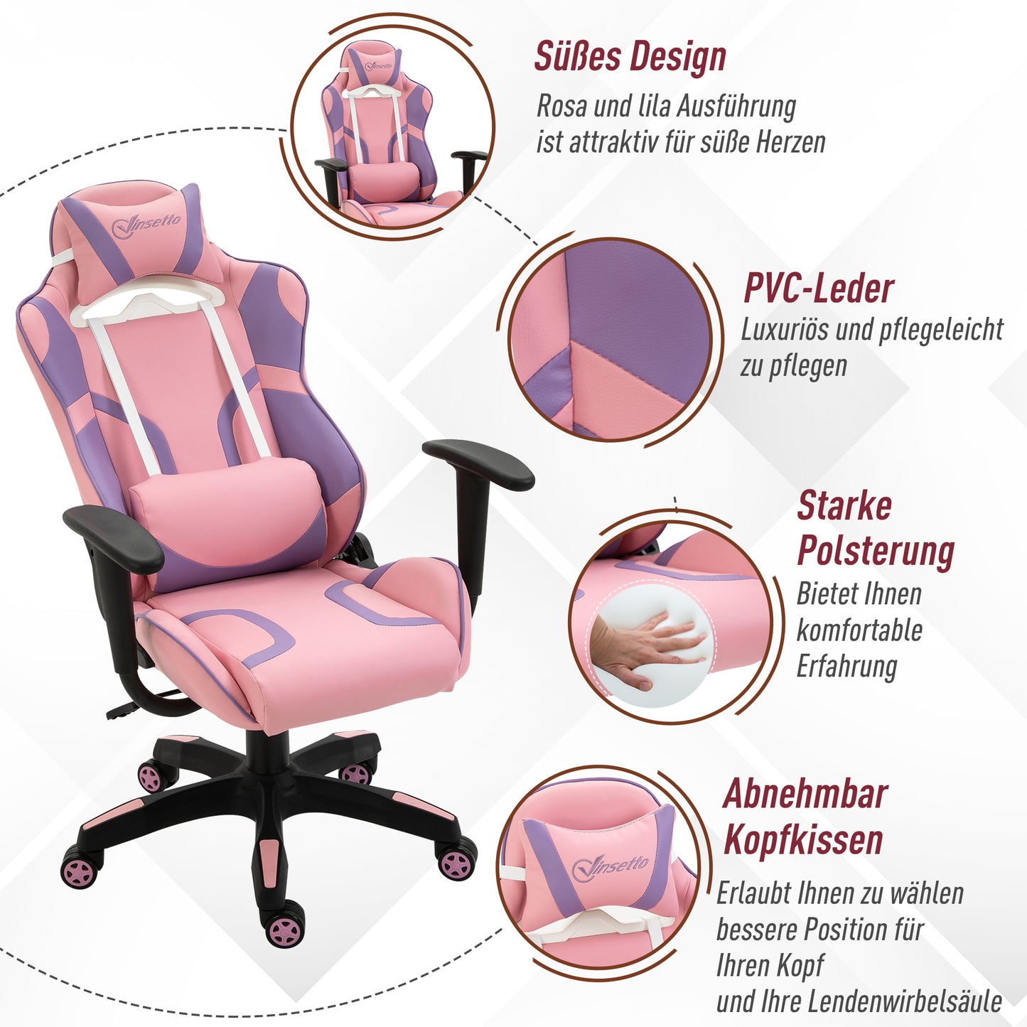 Vinsetto Ergonomischer Gaming Stuhl Bürostuhl Drehstuhl Verstellbares Massage Lendenkissen Höhenverstellbar Rosa&Violett 69x56x125,5 cm
