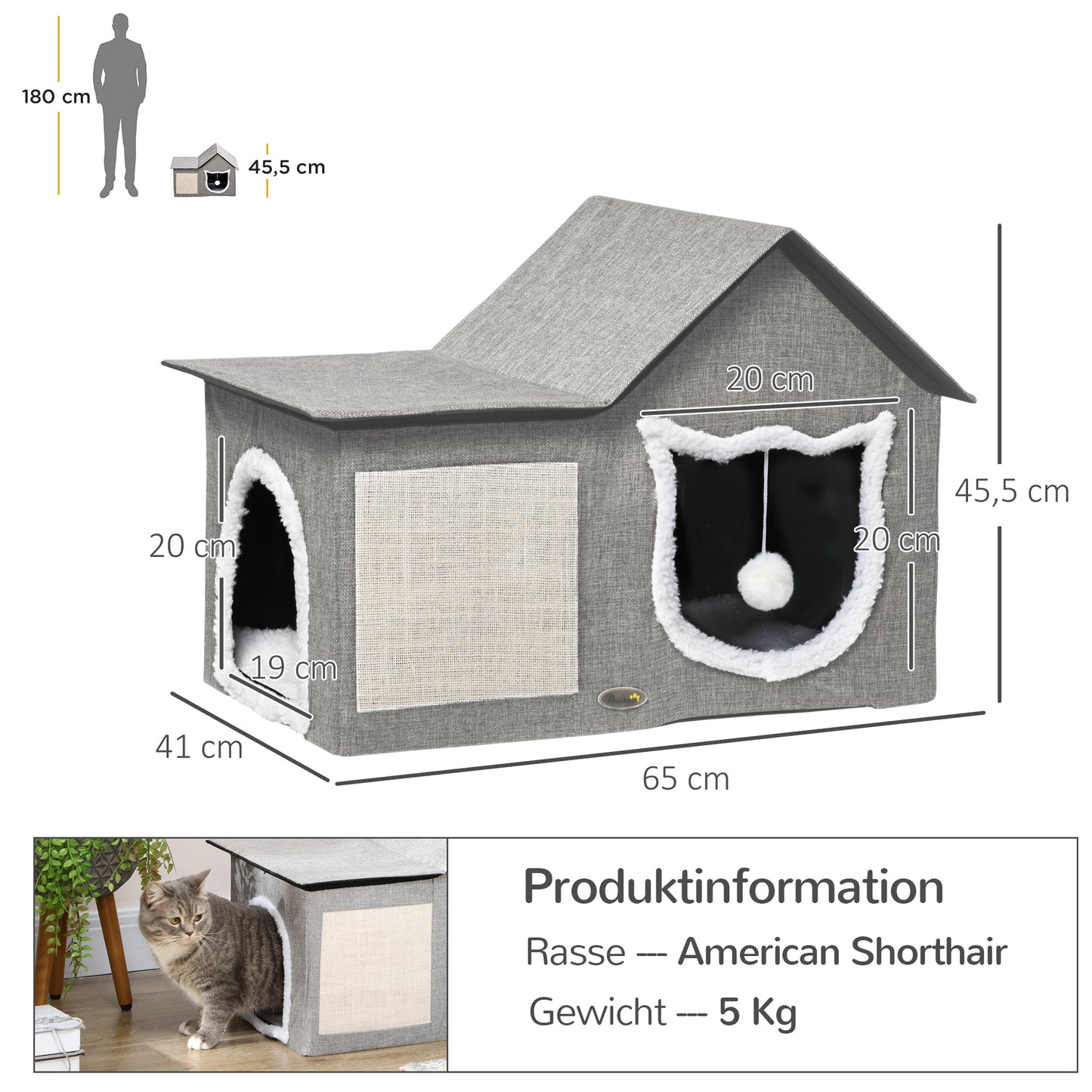 PawHut Katzenhaus mit Kratzfläche, inkl. Spielball, Katzenhöhle, 65 cm x 41 cm x 45.5H cm, Braun + Weiß + Beige
