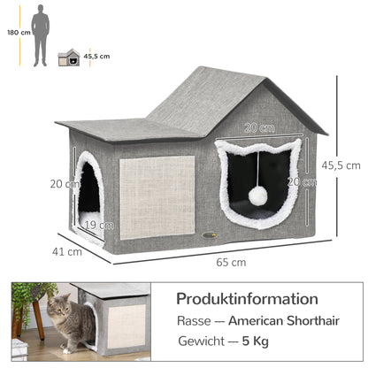 PawHut Katzenhaus mit Kratzfläche, inkl. Spielball, Katzenhöhle, 65 cm x 41 cm x 45.5H cm, Braun + Weiß + Beige