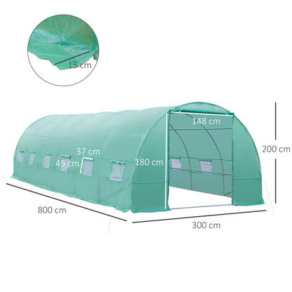 Outsunny Gewächshaus 800x300x200cm Foliengewächshaus Tomatenhaus mit Tür, 12 Fenster, Folientunnel aus verzinktem Stahl, PE, stabiles Treibhaus Pflanztunnel, inkl. Erdanker & Seilen, Grün