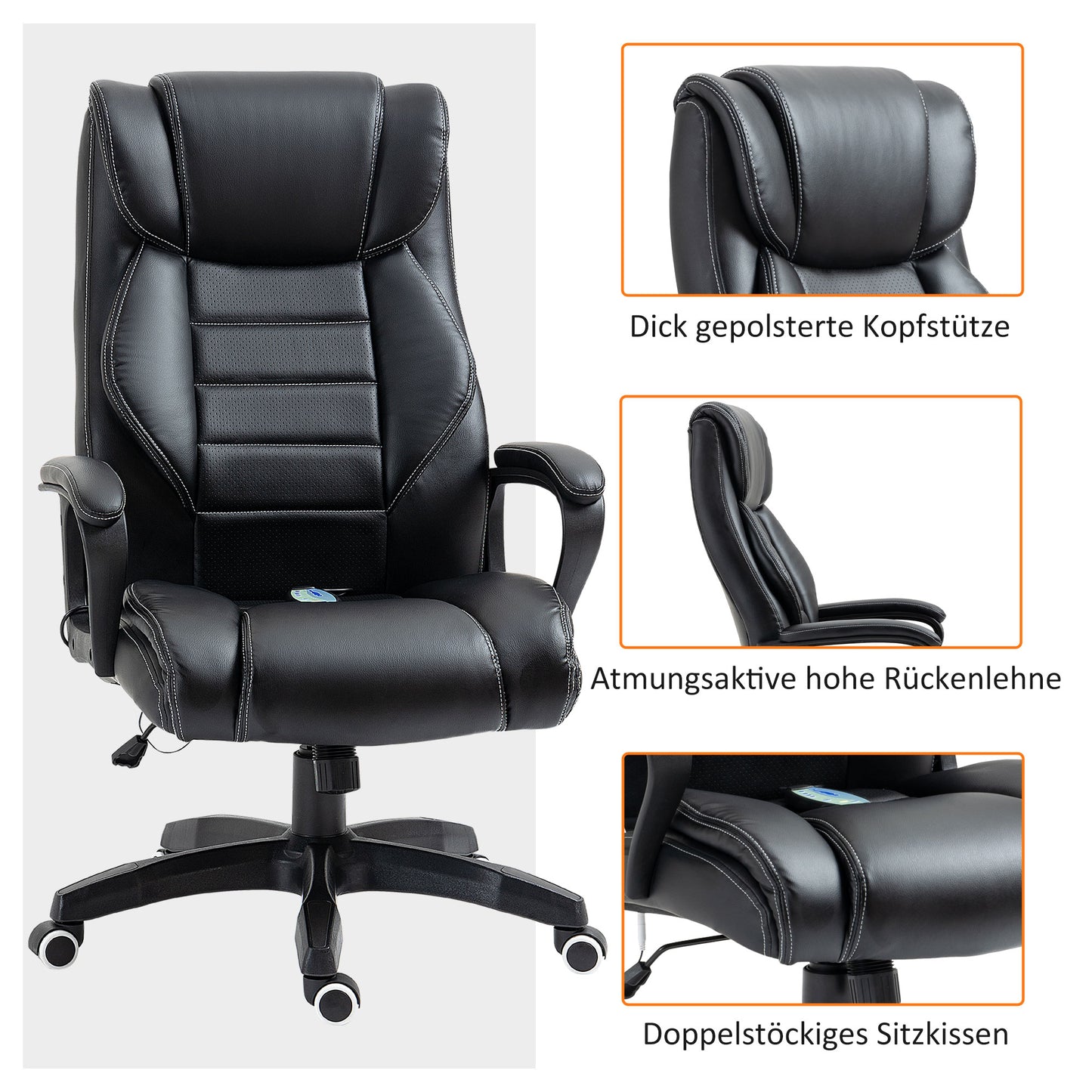 Vinsetto Bürostuhl mit Massage höhenverstellbarer Chefsessel ergonomischer Drehstuhl Gamingstuhl Computerstuhl Massage Sessel 6 Vibrationspunkte Leinen-Gefühl einstellbar Schwarz 66 x 78 x 112-120 cm