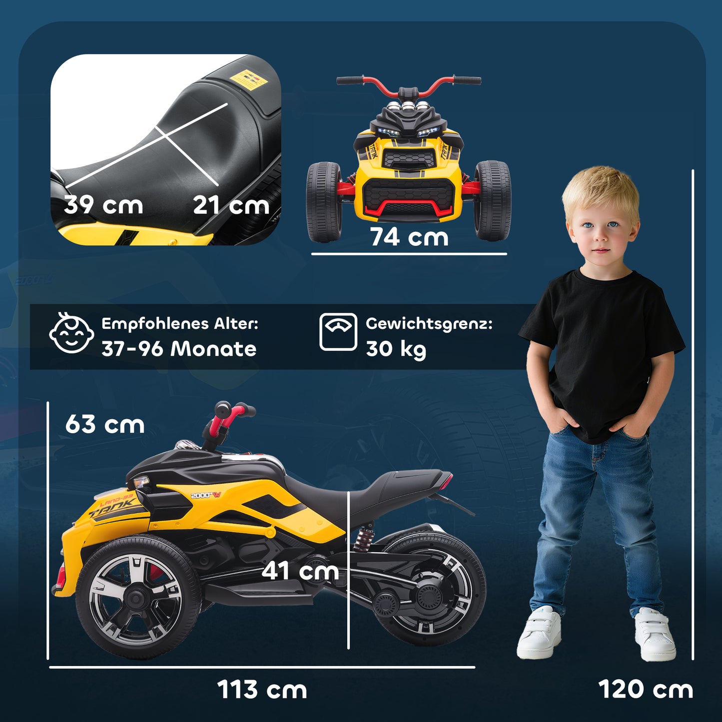 AIYAPLAY Elektrisches Kinderfahrzeug, Reverse-Dreirad-Design, Batteriebetrieb, MP3-Player, Hupe, 2 Geschwindigkeiten, LED-Lichter, 3-8 Jahre, Gelb