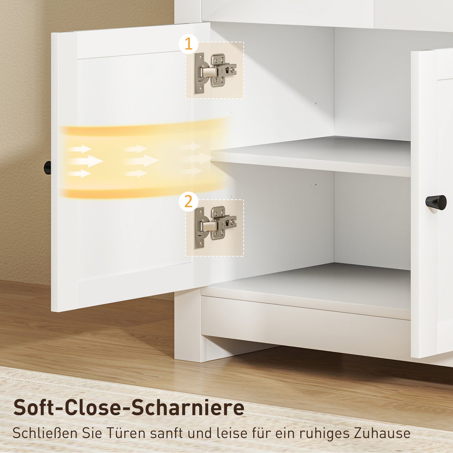 HOMCOM Kommode mit viel Stauraum, Sideboard mit Soft-Close-Türen, 2 Schubladen, verstellbares Regal, Weiß