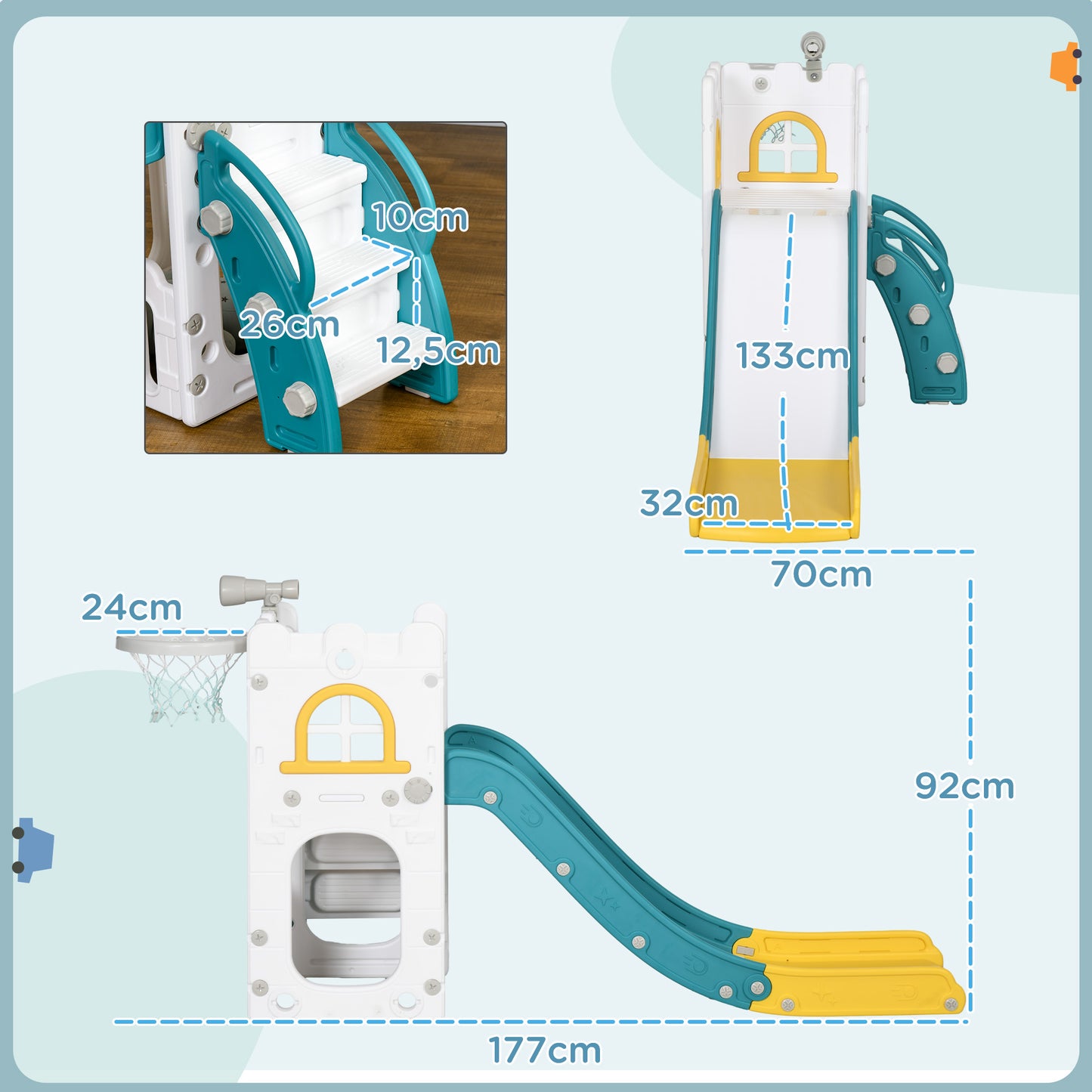 AIYAPLAY Kinderrutsche, 4 in 1, Kleinkinderrutsche mit Basketballkorb, Teleskop Klettergerüst Gelb 70 x 177 x 92 cm
