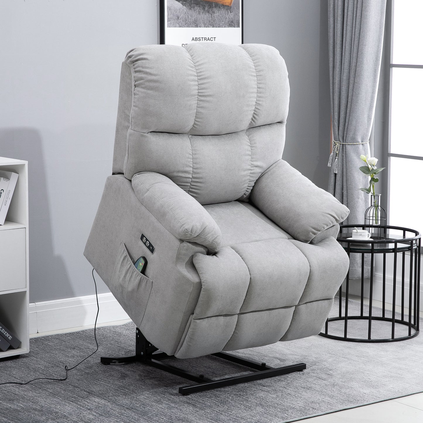 HOMCOM Sessel mit Aufstehhilfe, Massagesessel, Relaxsessel mit USB-Anschluss, Fernsehsessel mit Fernbedienung, Seitentasche, Neigebarer TV-Sessel mit Samtoptik, Grau