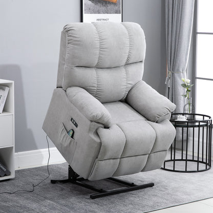 HOMCOM Sessel mit Aufstehhilfe, Massagesessel, Relaxsessel mit USB-Anschluss, Fernsehsessel mit Fernbedienung, Seitentasche, Neigebarer TV-Sessel mit Samtoptik, Grau