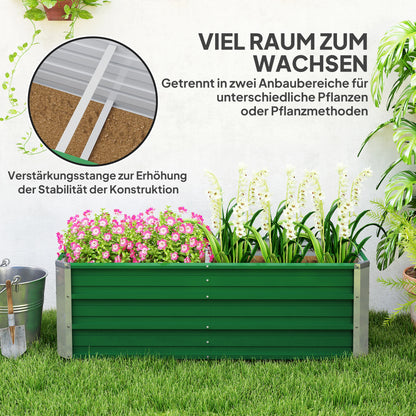 Outsunny Metall-Hochbeet, 2 separate Pflanzbereiche, offener Boden, einfacher Aufbau, 125 x 47 x 40cm, Grün