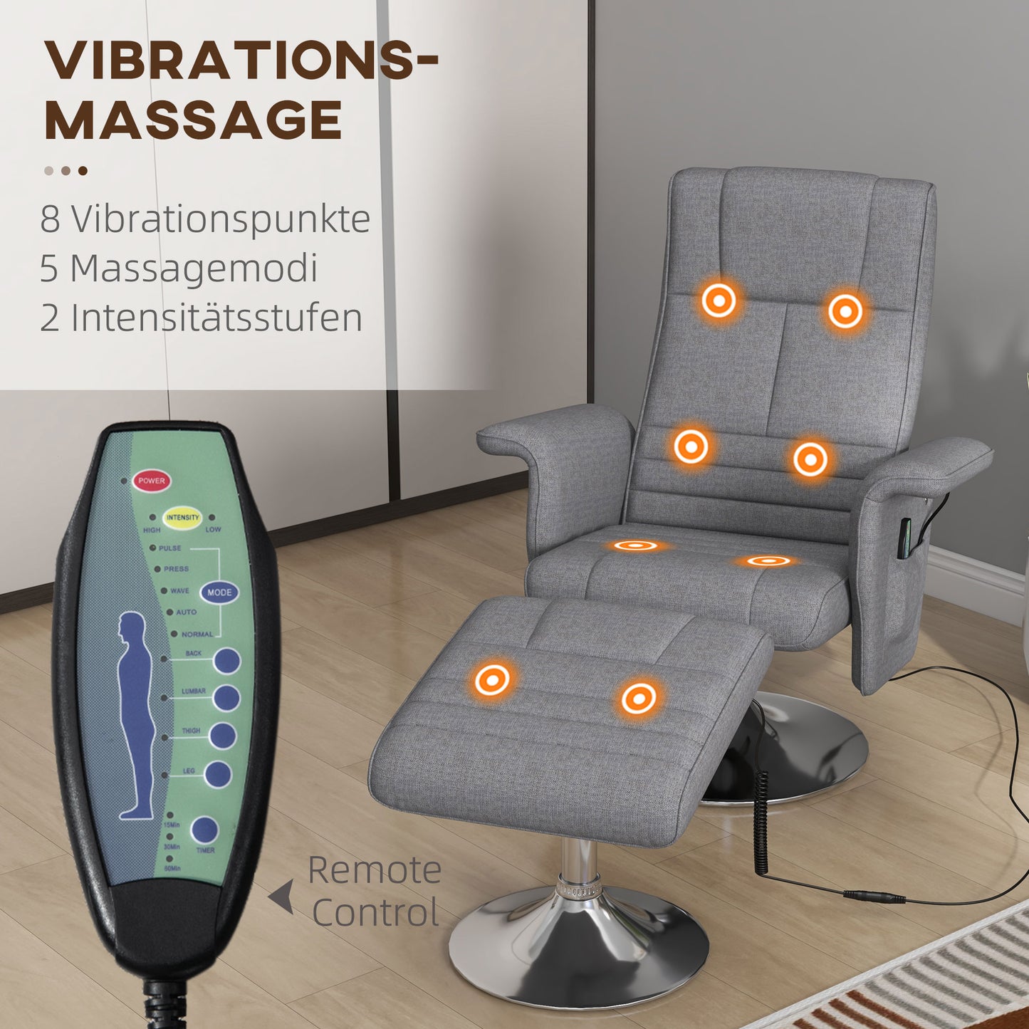 HOMCOM Massagesessel mit Hocker, neigbare Lehne, 78 x 95 x 88 cm, Dunkelgrau