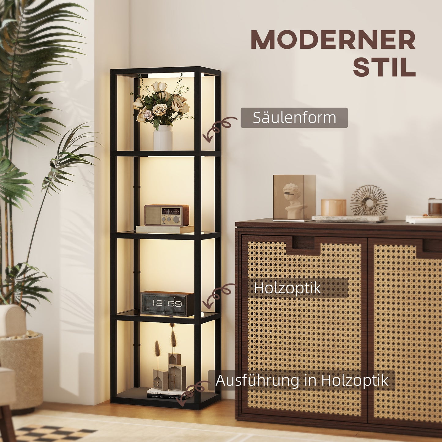 HOMCOM LED-Stehlampe mit 4-stufigem Regal, Leuchtregal mit 4 Glasfächern, Fußschalter, MDF, Schwarz