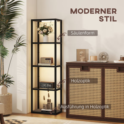 HOMCOM LED-Stehlampe mit 4-stufigem Regal, Leuchtregal mit 4 Glasfächern, Fußschalter, MDF, Schwarz