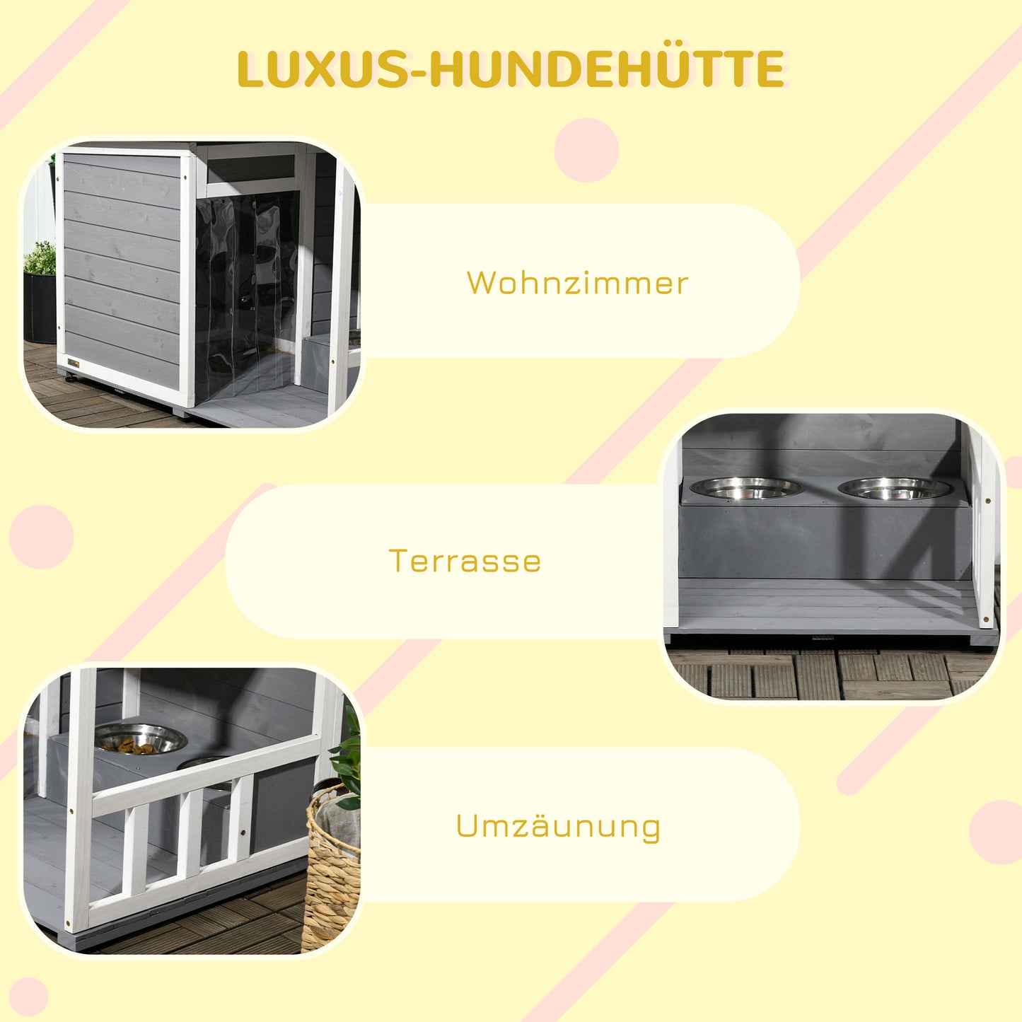 PawHut Hundehütte aus Massivholz، mit 2 Fressnäpfen، Veranda، wetterbeständig، 103 سم × 62 سم ​​× 66 سم، Grau + Weiß