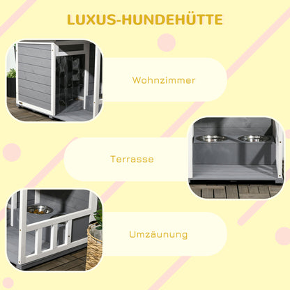 PawHut Hundehütte aus Massivholz، mit 2 Fressnäpfen، Veranda، wetterbeständig، 103 سم × 62 سم ​​× 66 سم، Grau + Weiß