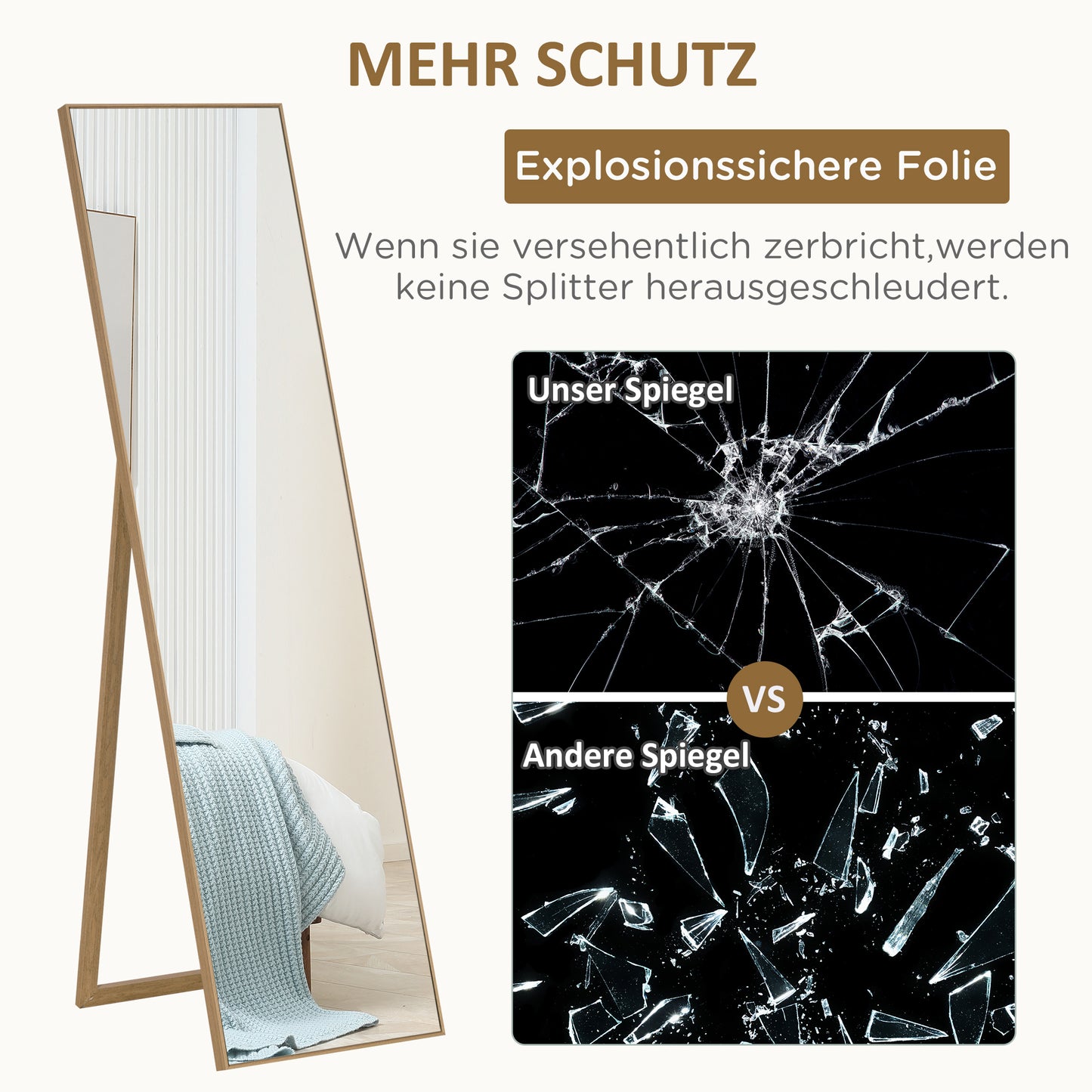 HOMCOM Ganzkörperspiegel mit Ständer, freistehend, 40 cm x 150 cm, Natur