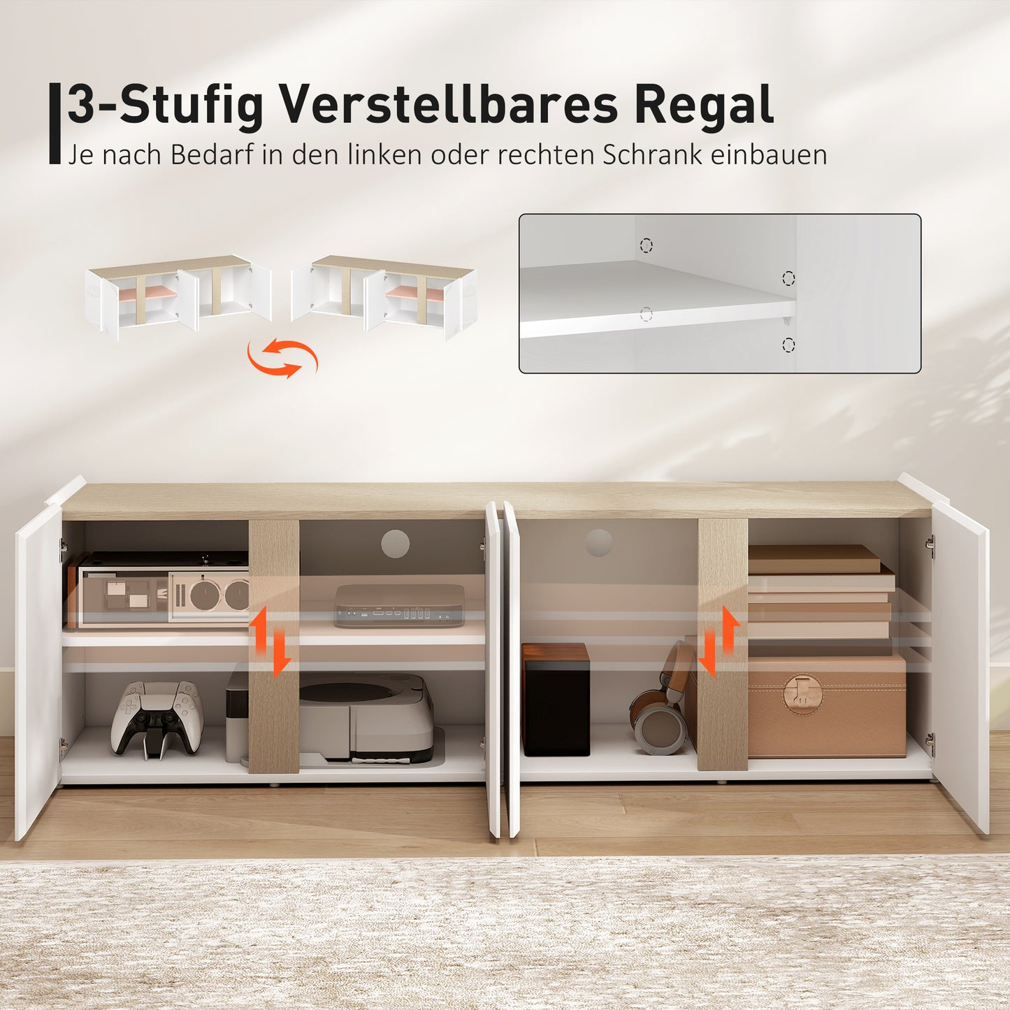 HOMCOM TV-Kommode für 65-Zoll-Fernseher, Fernseh-Schrank mit Soft-Close-Türen, anpassbare Regale, Kabellöcher, für Wohnzimmer, Weiß