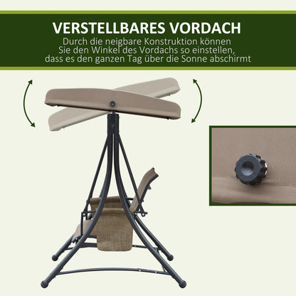 Outsunny 3-Sitzer Hollywoodschaukel, Gartenschaukel mit Sonnendach, Schaukelbank mit Ablage, Aluminium, 196 x 128 x 172 cm, Braun
