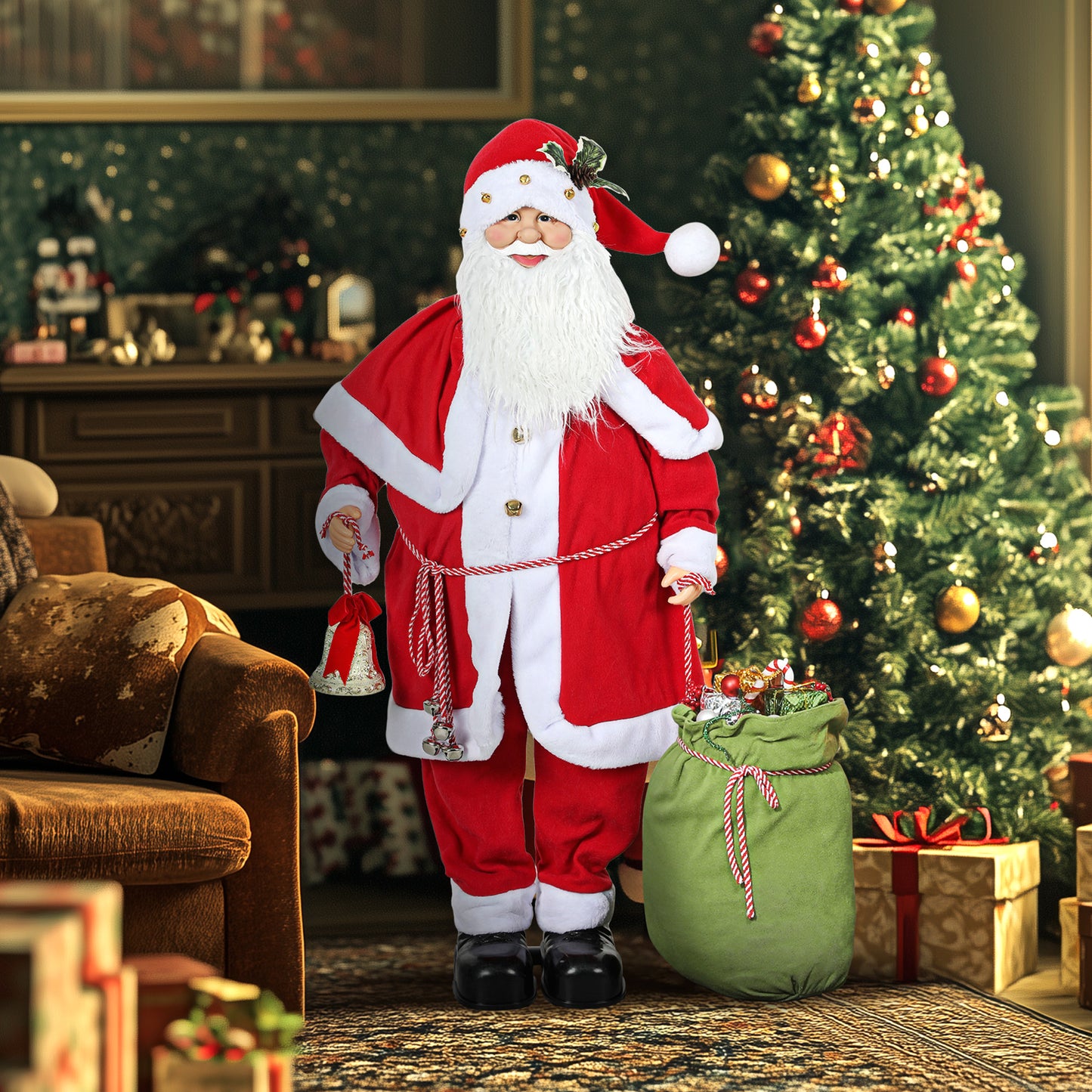 HOMCOM Weihnachtsmannfigur, beweglich, mit Geräuschsensor, Lachen & Musik, 140 cm, Rot