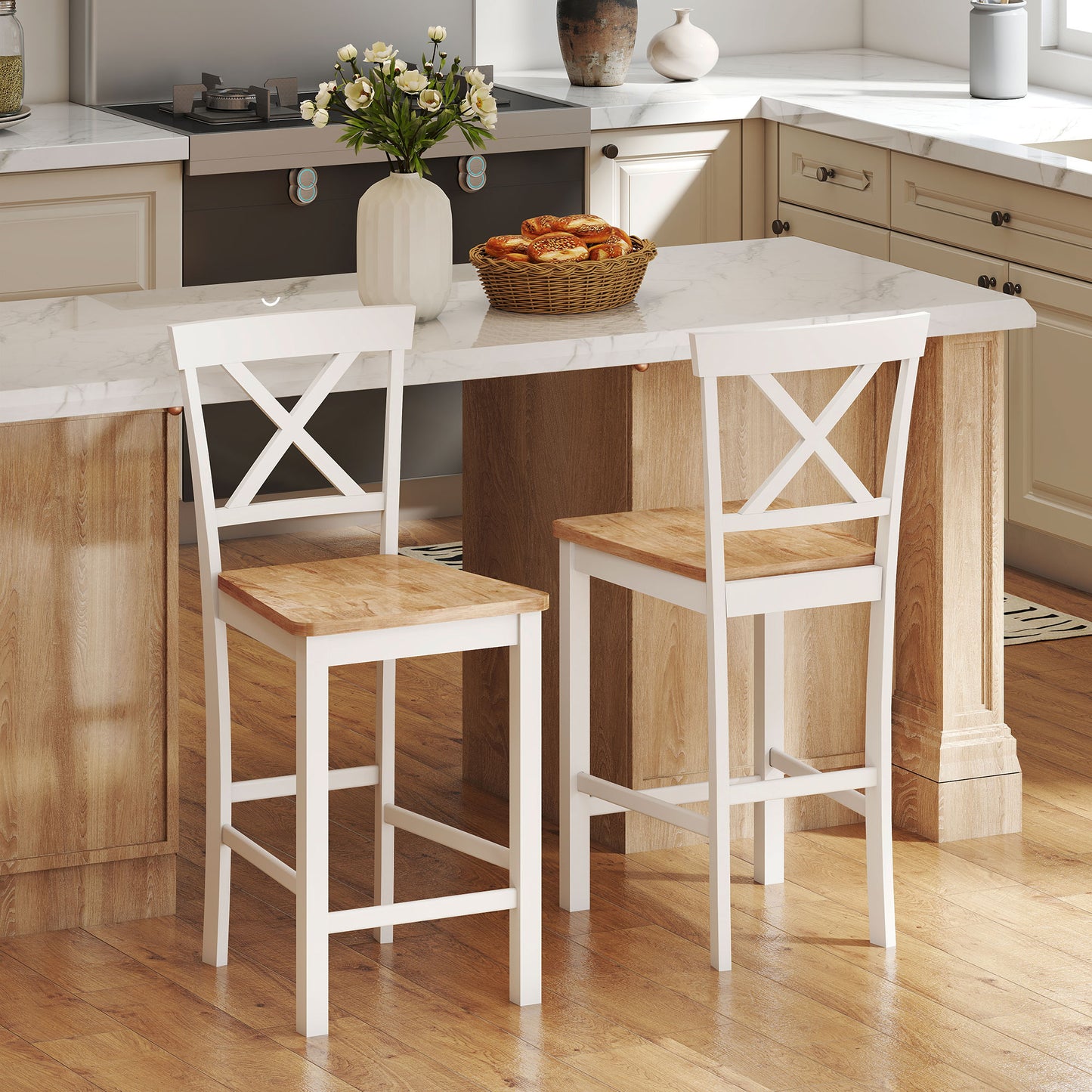 HOMCOM 2er-Set Barstühle mit Rückenlehne und Fußstütze, Kautschukholz, für Küche, Esszimmer, Bar, Eiche+Weiß