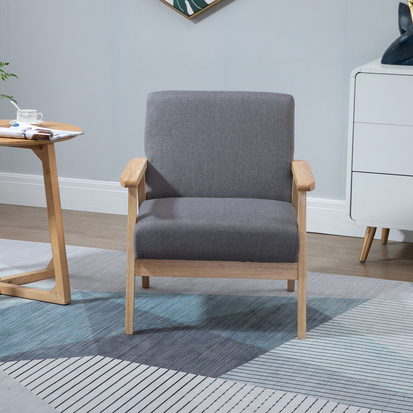HOMCOM Sessel im Skandi-Design, Akzentsessel, Massivholz, Leinenoptik, 64 cm x 70 cm x 72 cm, Grau + Natur
