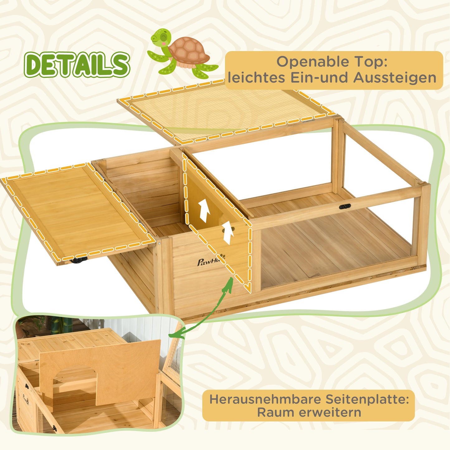 PawHut Schildkrötenhaus aus Holz, Schildkrötengehege mit Haupthäusern, aufklappbare Oberseite, 91 x 60,5 x 32 cm, Gelb
