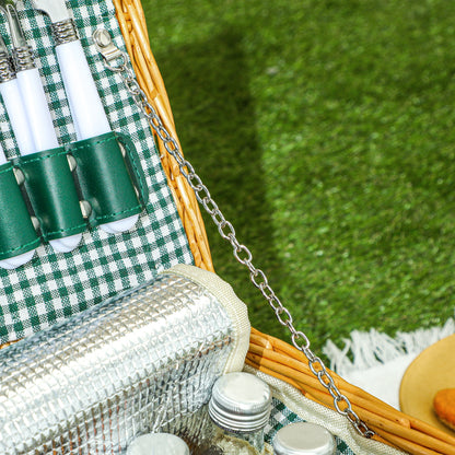 Outsunny Picknickkorb aus Weidenholz Picknickkoffer für 2 Personen mit Isoliert Kühlfach Besteck Set Hellbraun