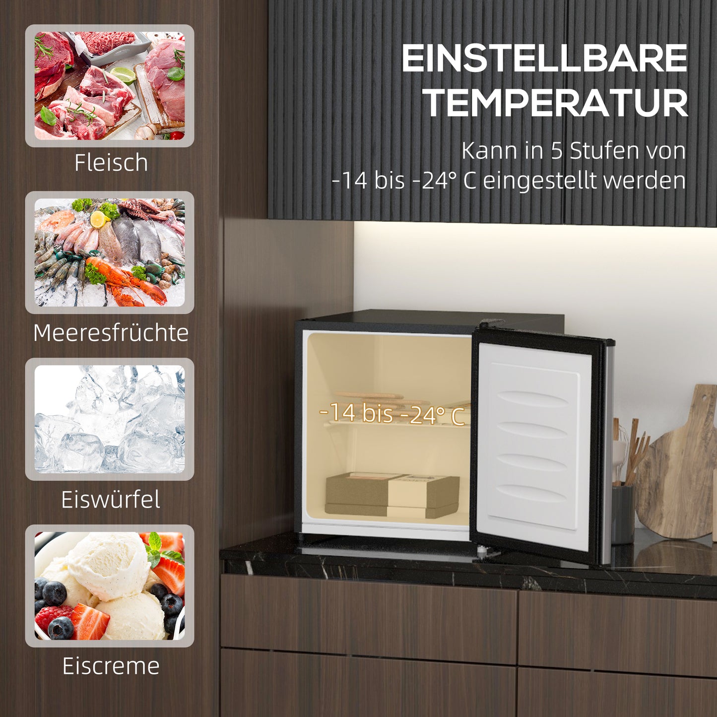 HOMCOM Mini-Gefrierschrank, 35 L Minikühlschrank, -14 bis -24℃, 5-stufige Temperaturregelung, 47 x 44,2 x 48,8 cm, Silber