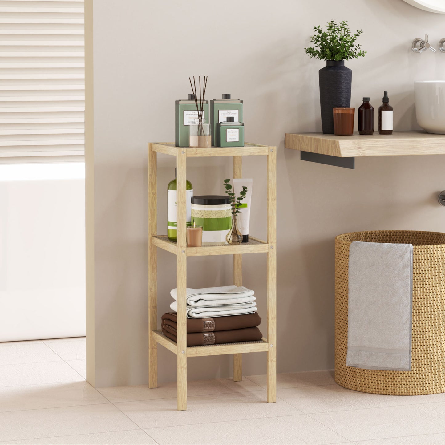 HOMCOM Badezimmerregal, 3 Etagen, feuchtigkeitsbeständig, Bambus, 33 x 31 x 78 cm