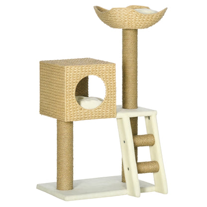 PawHut Kratzbaum mit Katzenhaus, Sisal-Kratzsäulen, waschbare Kissen, 100,5H x 57L x 37B cm, Weiß/Natur