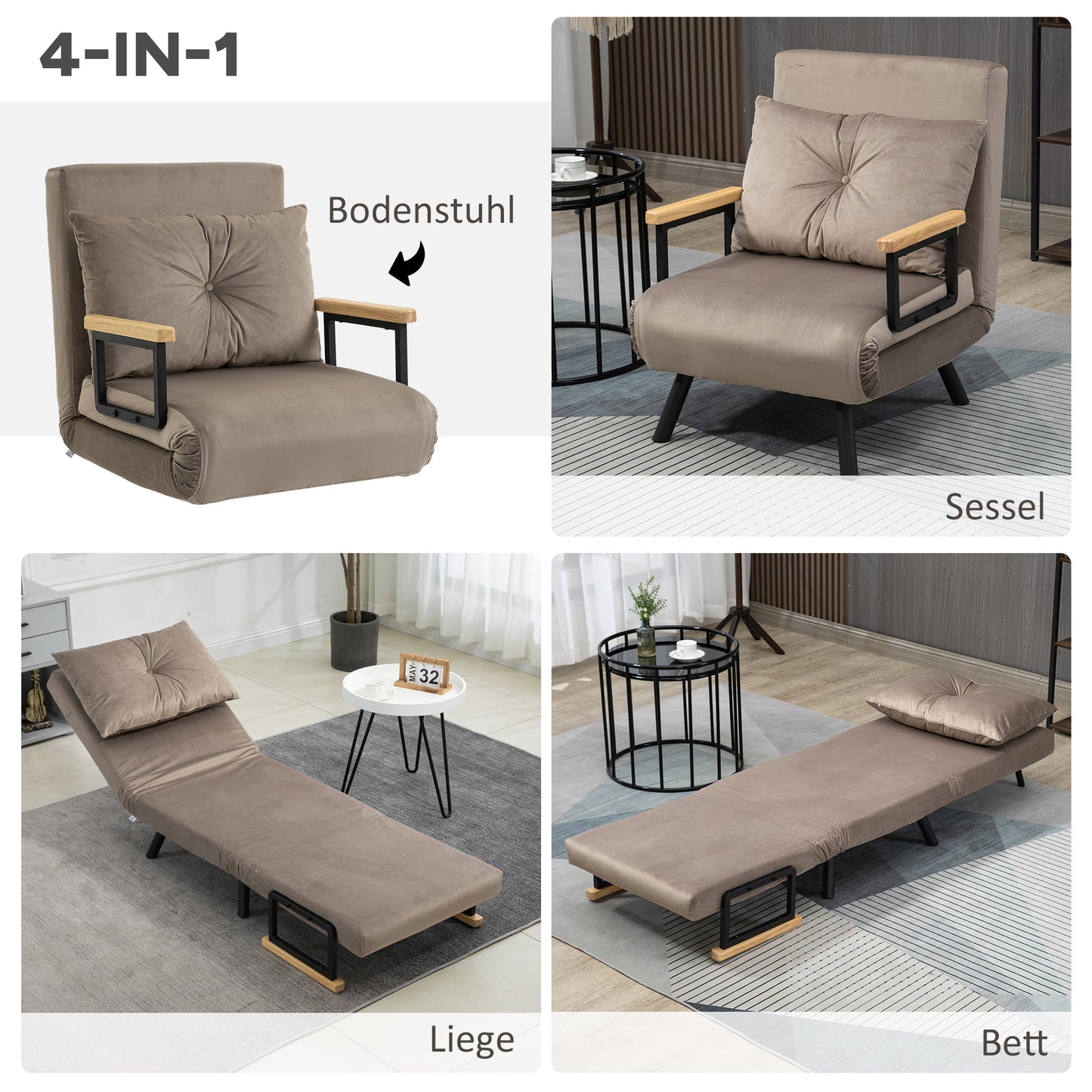 HOMCOM Schlafsessel, Gästebett, verstellbare Rückenlehne, bis 120 kg, Stahllrahmen, 63x73x81cm, Hellbraun