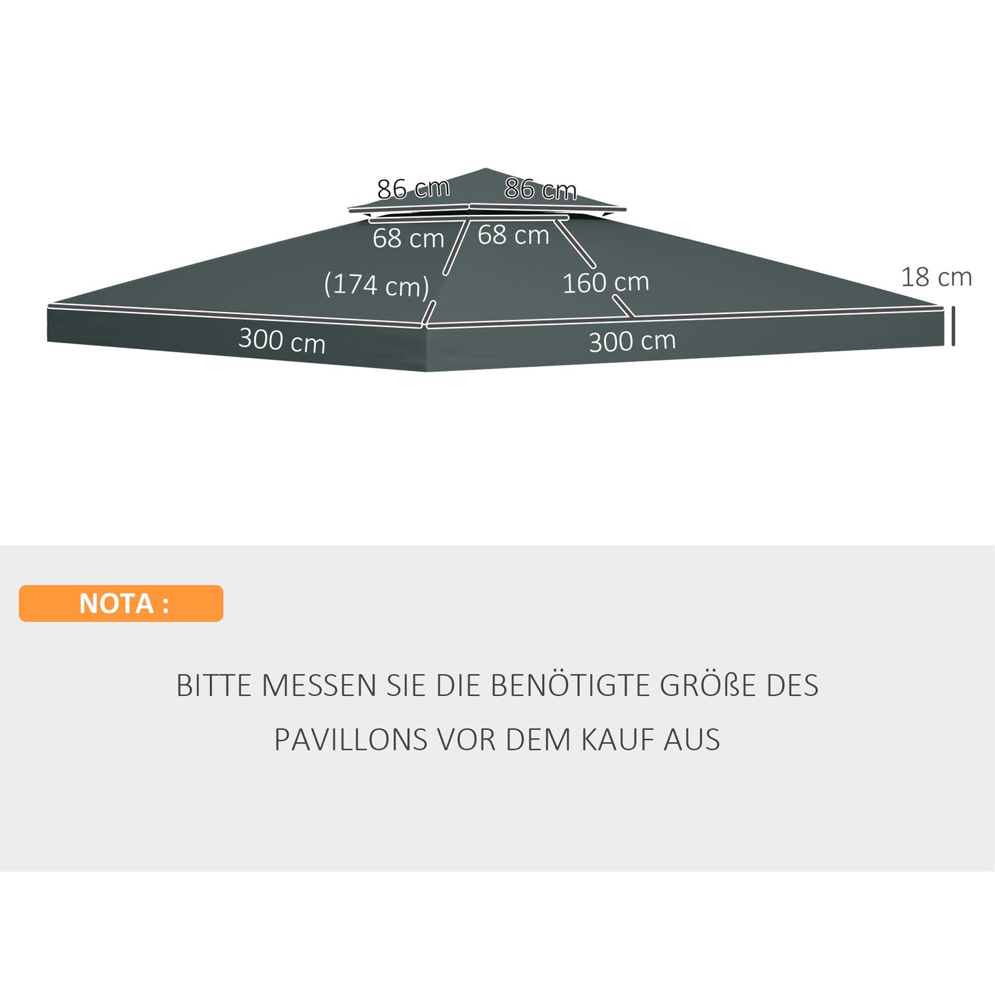 Outsunny Ersatzdach für Pavillon 3x3m wasserabweisend Pavillondach für Metallpavillon Pavillon Ersatzdach Gartenpavillon Partyzelt Gartenzelt Polyester Kohlegrau